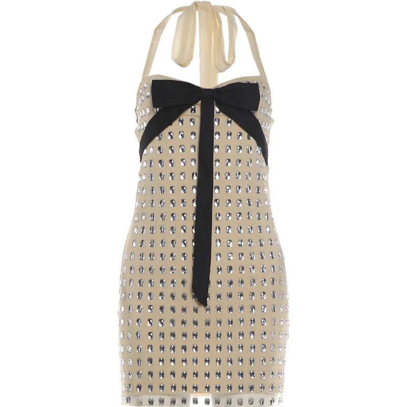 Rhinestone Decoration Dress Women Bow Tassel Halter Bandage Backless Sleeveless Skinny Sweet Fashion Party Bodycon