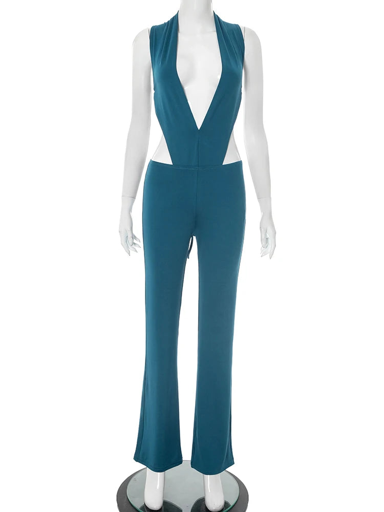 Hipster 2 Piece Set Women Sexy Deep V-Neck Hollow Bandage Bodysuit+Flare Pants Summer Midnight Matching Clubwear Suit