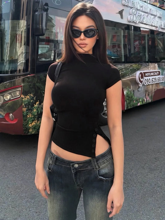 Side Button Slit Asymmetrical Crop Tops for Woman Sexy Short Sleeve Y2k T Shirt 2026 Summer Clothes