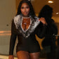Luxury Fur Deep V Collar Romper Women Full Sleeve Sexy Skinny Fitness Activity Streetwear Hipster Workout Playsuit