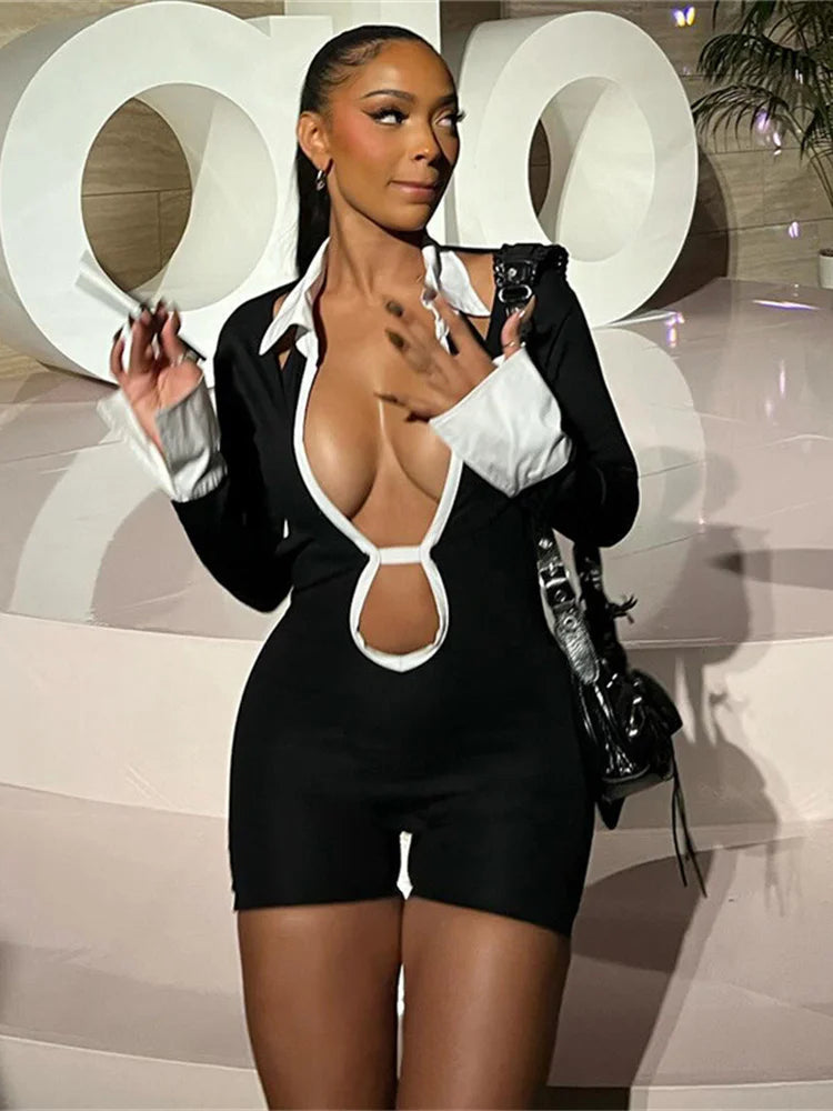 Sexy Polo Neck Playsuit Women Leopard Backless Bandage Full Sleeve Skinny Contrast Color Midnight Street Club Rompers