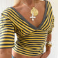 Women Striped V-Neck T-Shirt Short Sleeve Ruched Casual Top Pink White Stripe Summer Y2K Blouse Streetwear Tops