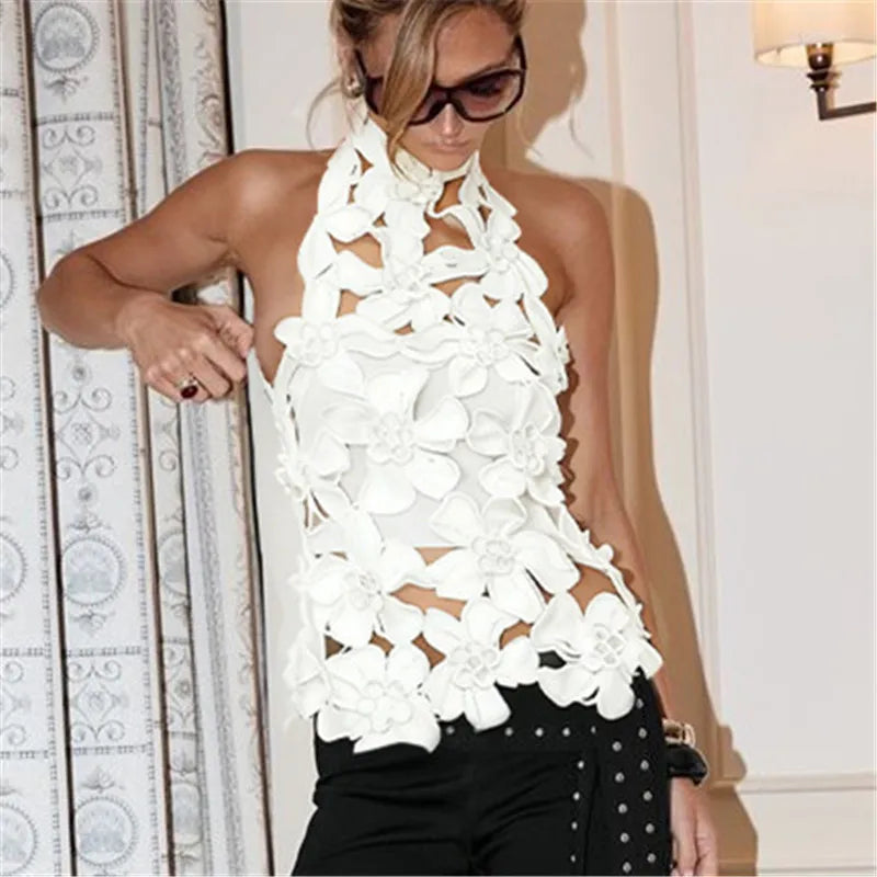 Women Hollow Out Floral Halter Top Embroidered Backless Mock Neck Tank Top Y2K Coquette Crop Tops Streewear