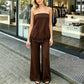 Women's 2 Pieces Summer Outfit Solid Color Strapless Sleeveless Lace Trim Patchwork Tube Tops and Wide Leg Pants Set