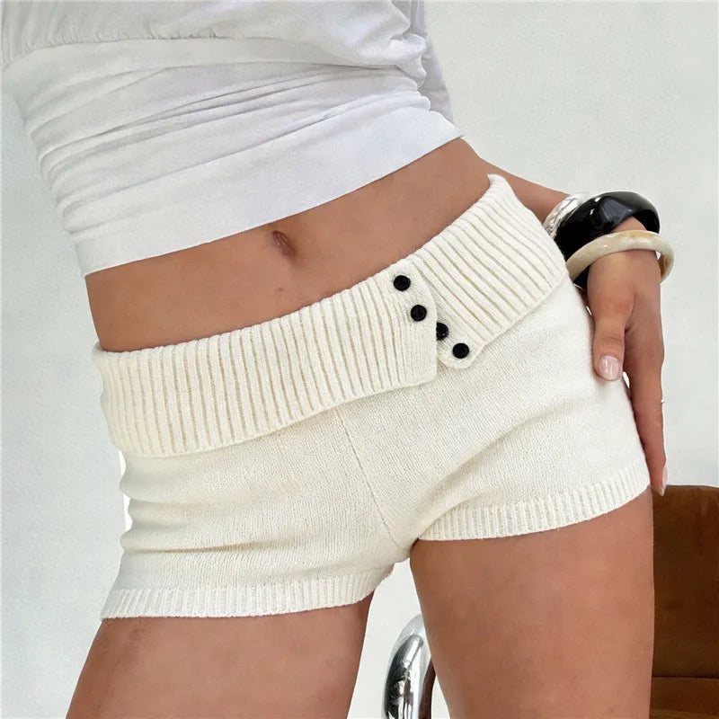 Stylish Button Decor Ribbed Trim Foldover Mid Rise Shorts Women Knit Crochet Micro Shorts Casual Slim Fit Y2K Streetwear