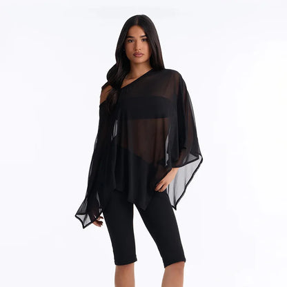 Off Shoulder 3 Piece Capri Set with Sheer Mesh Poncho Top Black Casual Outfits for Woman Fashionable Clothing