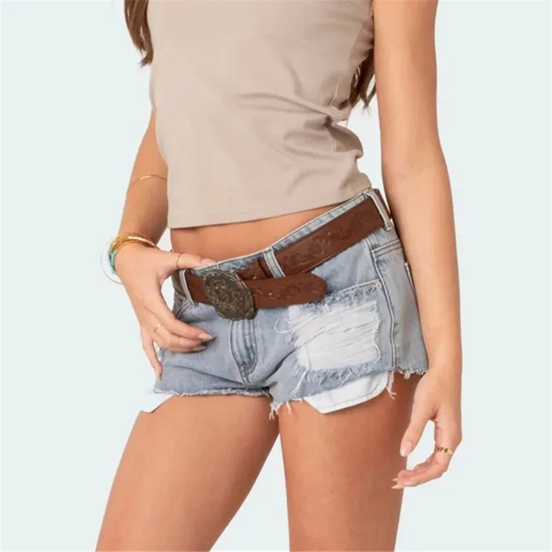Womens Low Waist Distressed Denim Shorts Frayed Raw Hem Ripped Jeans Shorts with Inner Layer Casual Streetwear Hot Pants