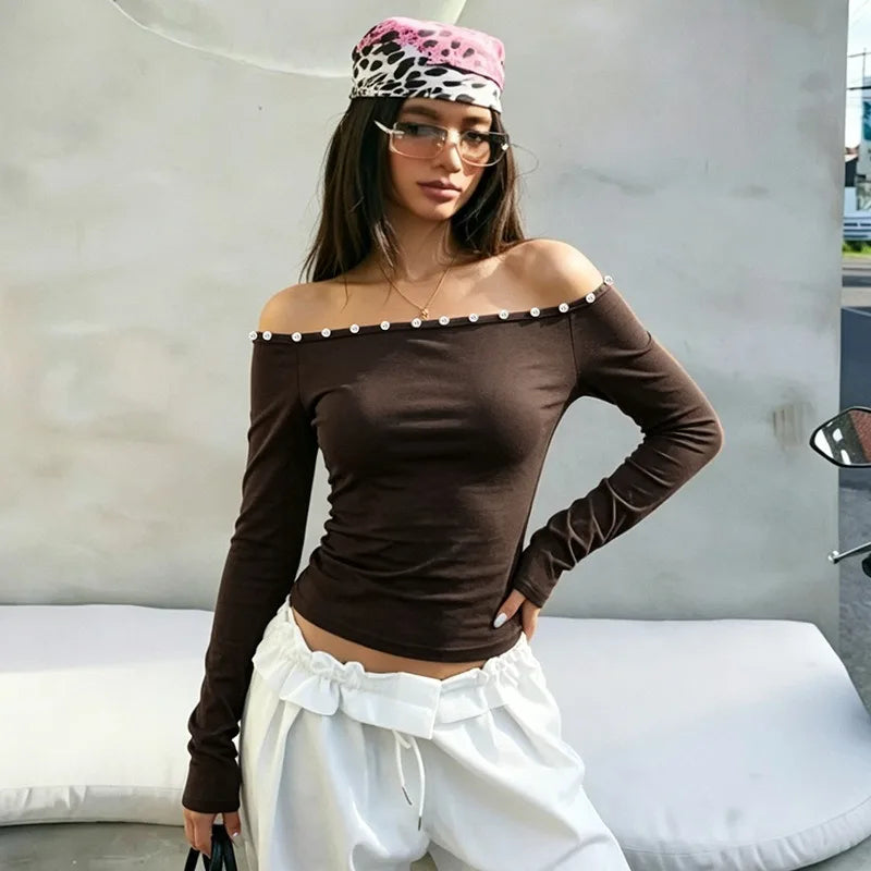 Button Off Shoulder Long Sleeve Tops Fall 2026 Fashion Solid Color Fitted T Shirts Woman Clothing