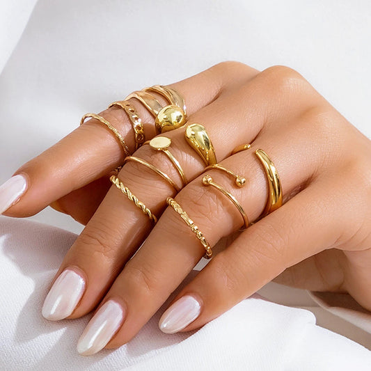 10Pcs Vintage Water Drop Open Rings Set Women Punk Gold Color Geometric Adjustable Finger Ring Couple Wed Accessories