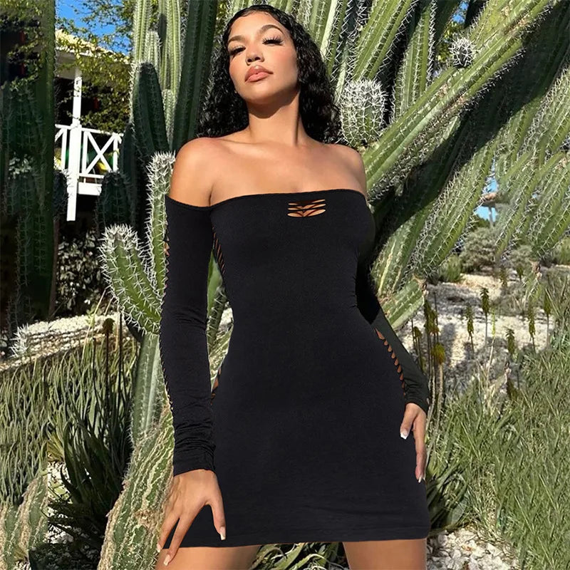 Green Black Cut Out Dress Sexy Night Club Outfits for Women Off Shoulder Long Sleeve Mini Bodycon Dresses