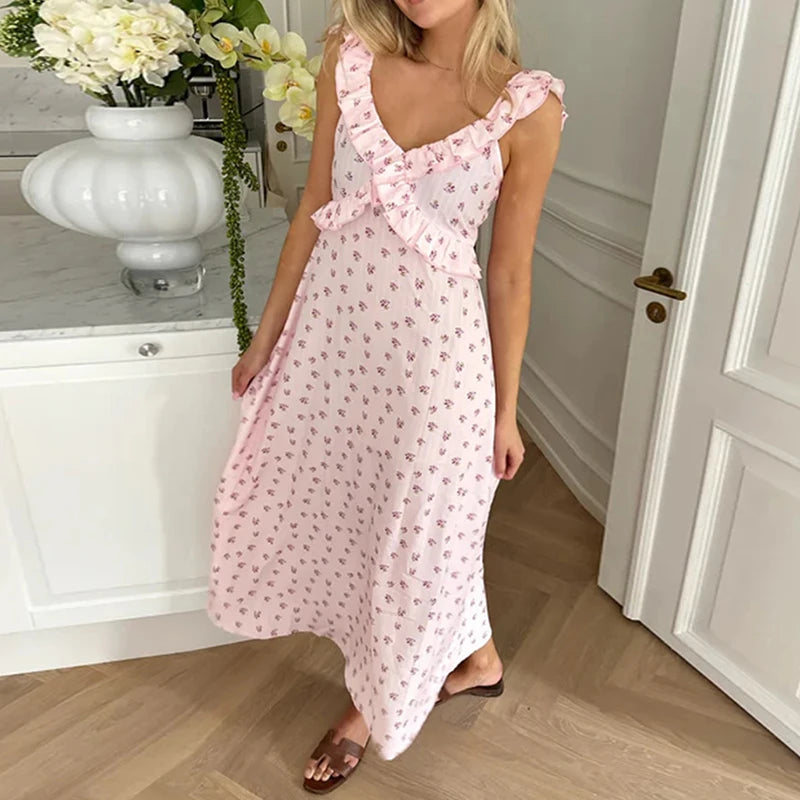 Women Graphic Print Maxi Dress Boho Beach V Neck Ruffles Strap A-line Dress Summer Holiday Backless Tie Up Long Dress