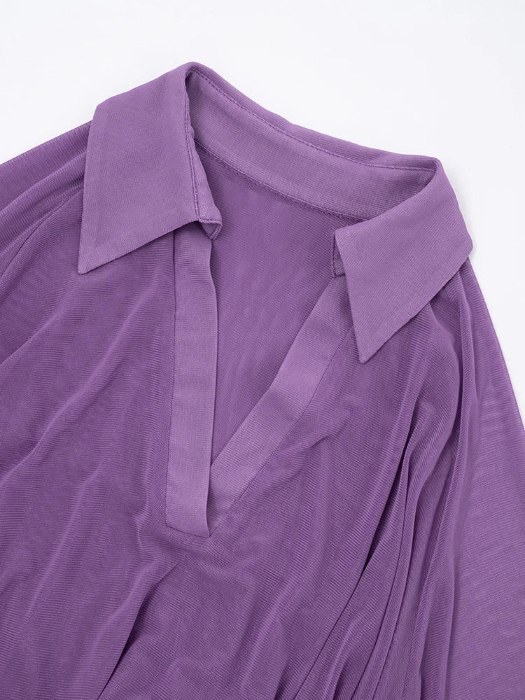 Simple Mesh 2-Piece Set Women Lapel Irregular Curling Edge V-Neck Shirt+Peach Hip Skirt Matching Casual Slim Outfits