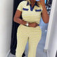Trend Striped Print 2 Piece Set Women Casuals Color Blocking Turn Down Collar Short Sleeve T-Shirt+Pants Street Suits