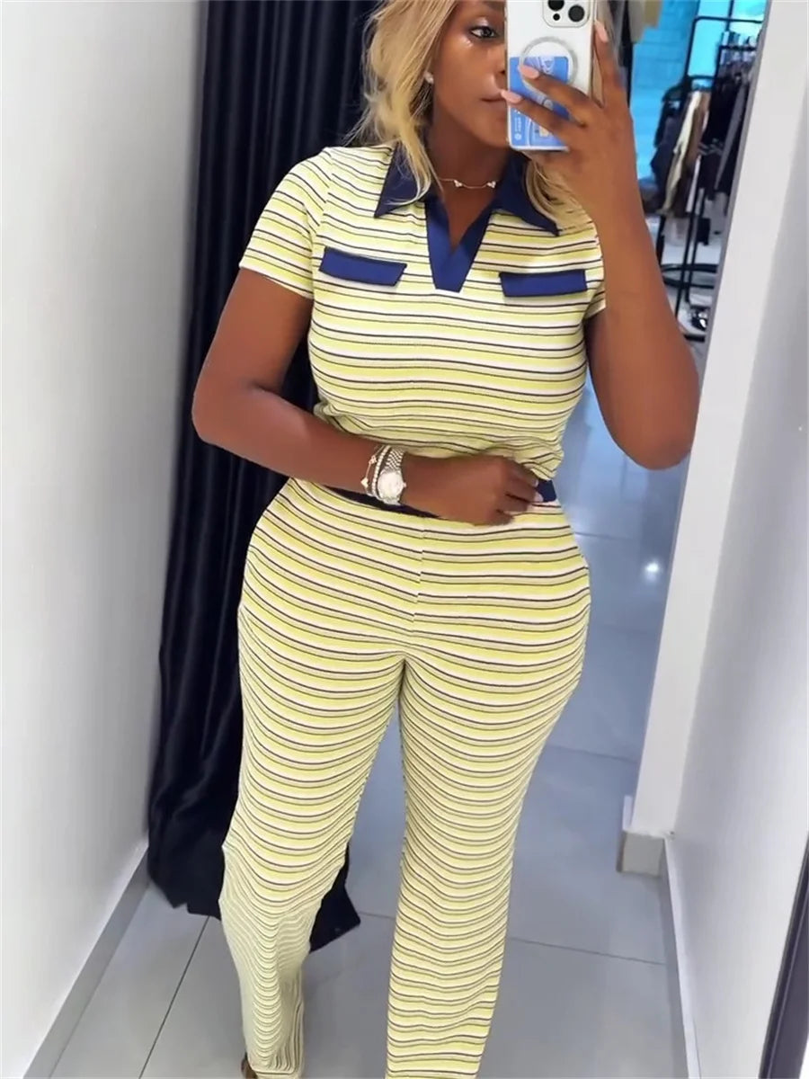 Trend Striped Print 2 Piece Set Women Casuals Color Blocking Turn Down Collar Short Sleeve T-Shirt+Pants Street Suits