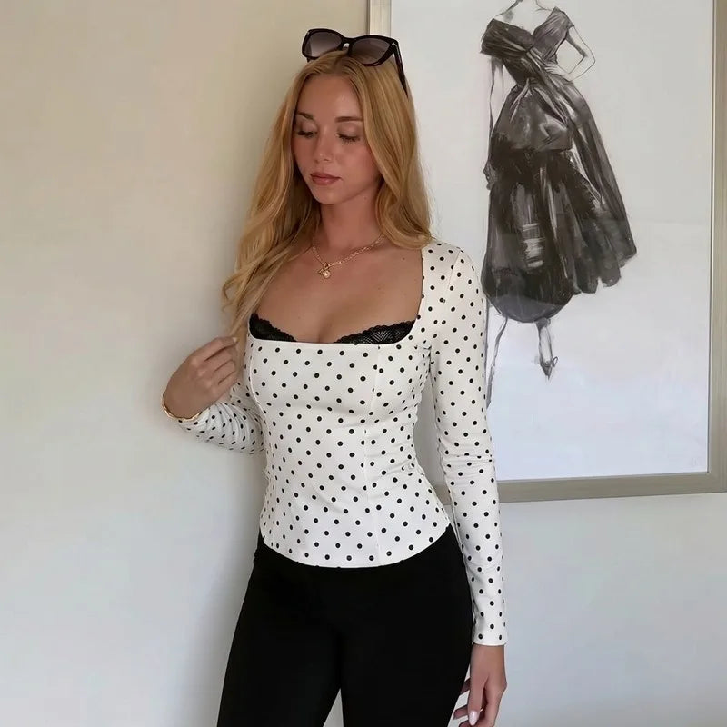 Fitted White Polka Dot Fall T Shirts Woman Clothing Lace Trim Square Neck Long Sleeve Top