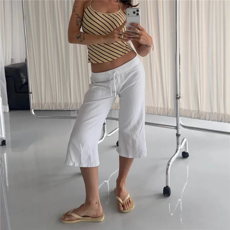 Retro Low Rise Drawstring Micro Flare Sweatpants Women Solid Color Beach Vacation Streetwear Loose Casual Cropped Trousers