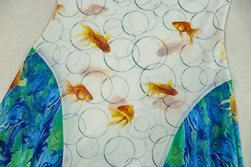 Goldfish Print Patchwork Dress Women Sexy See Through Long Sleeve Y2K Skinny Party Midnight Clubwear Party Vestidos