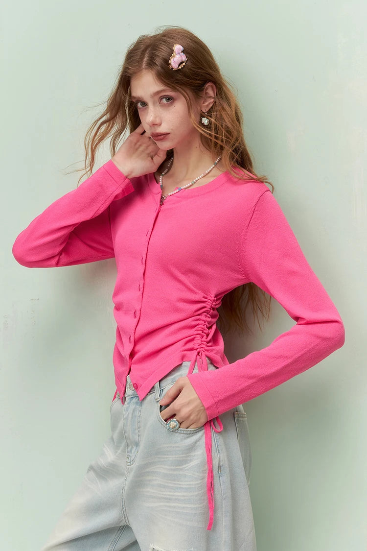 Fresh Girly Drawstring Waist Round Neck Fitted Knit Cardigan For Women