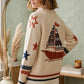 Women Shawl Collar Knit Cardigan Star Sailboat Jacquard Long Sleeve Button Pocket Retro Preppy Fall Sweater Outerwear