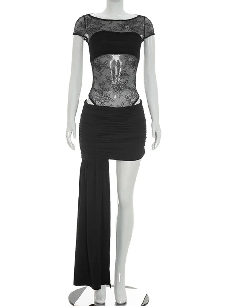 Women Black Lace Mesh 2 Piece Outfit Short Sleeve Sheer Bodysuit And Ruched Mini Skirt Sets Female Clubwear Party Set