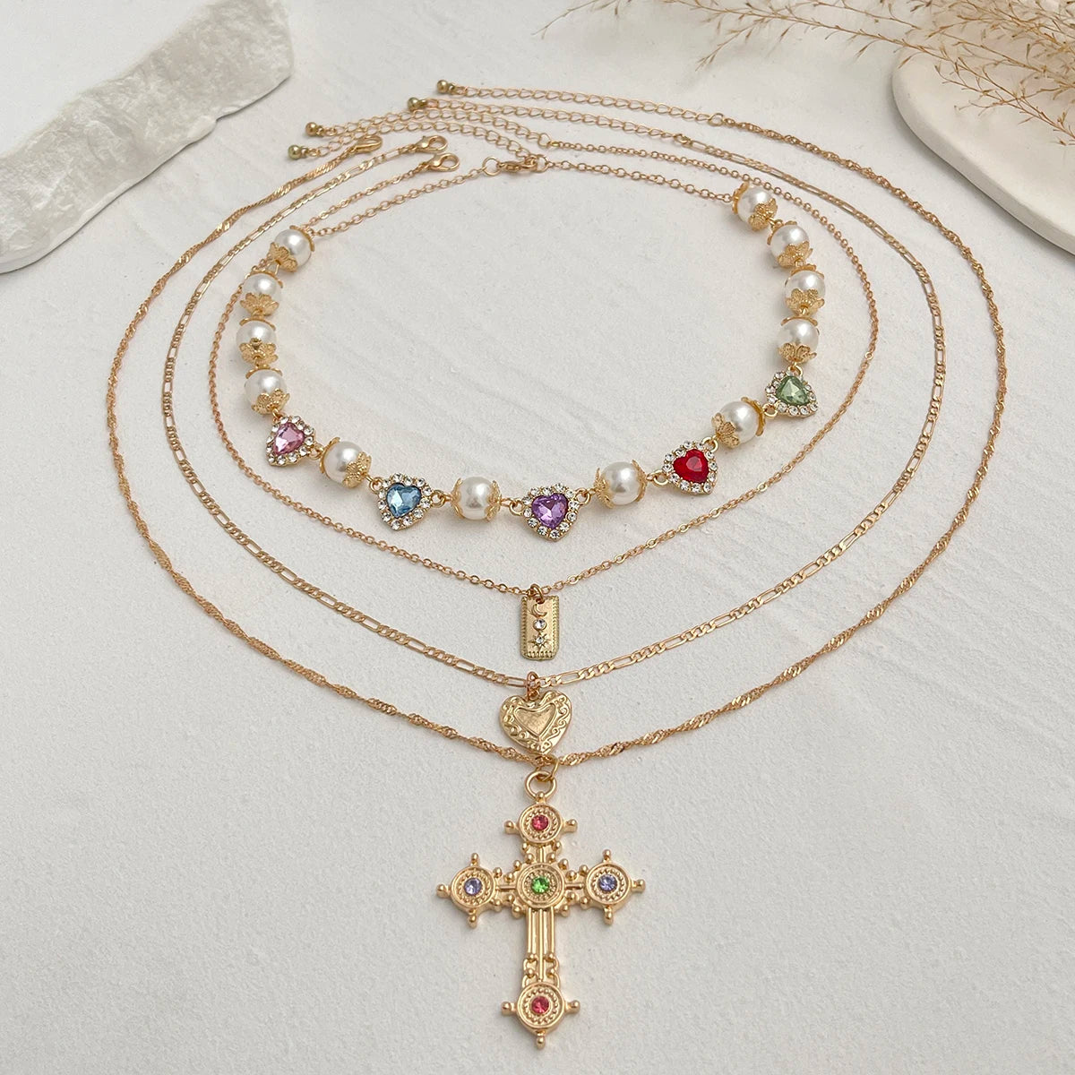 Multilayer Rhinestone Love Heart Imitation Pearl Chain Necklace Women Creative Jesus Cross Pendant Choker Y2K Jewelry