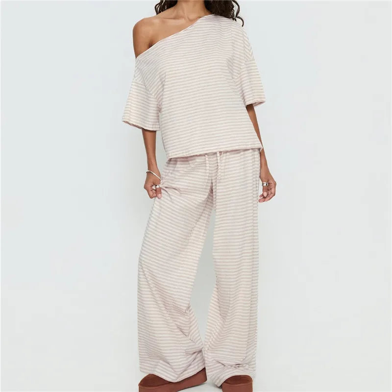 Off Shoulder Striped 2 Piece Outfit Women Loose Short Sleeve Crop Top Drawstring Wide Leg Pants Casual Lounge Pajama Set