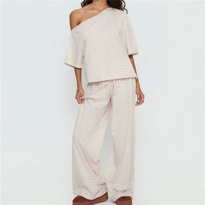 Off Shoulder Striped 2 Piece Outfit Women Loose Short Sleeve Crop Top Drawstring Wide Leg Pants Casual Lounge Pajama Set