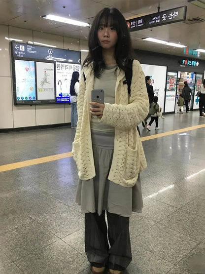 Classic Basics Sweater Women Autumn Casuals Long Sleeve Button Pocket   Elastic Streewear Daily Simple Trend Coat