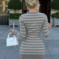 Grey Striped Sweater Dresses for Woman Elegant Fall Winter V Neck Long Sleeve Knit Mini Dress
