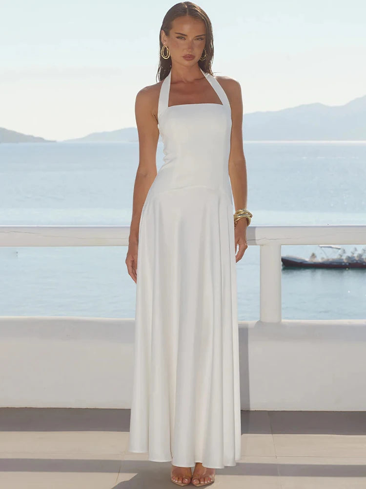 White Halter Backless Sexy Maxi Dress Women Elegant Square Collar Sleeveless Bodycon Club Party Long Dresses Female