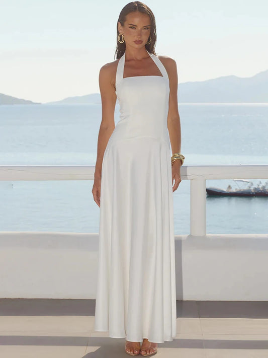 White Halter Backless Sexy Maxi Dress Women Elegant Square Collar Sleeveless Bodycon Club Party Long Dresses Female
