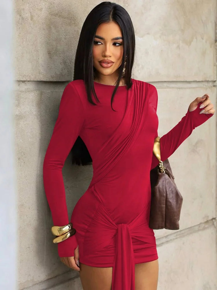 Long Sleeve Draped Short Dresses Fall Woman Clothes Fashion Sexy Brown Birthday Dress