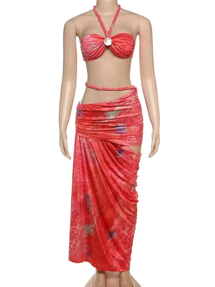 Plait 2 Piece Set Woven Y2K Summer Beach Vacation Halter Bandage Tank Tops+Hollow Slash Maxi Skirts Matching Clubwear