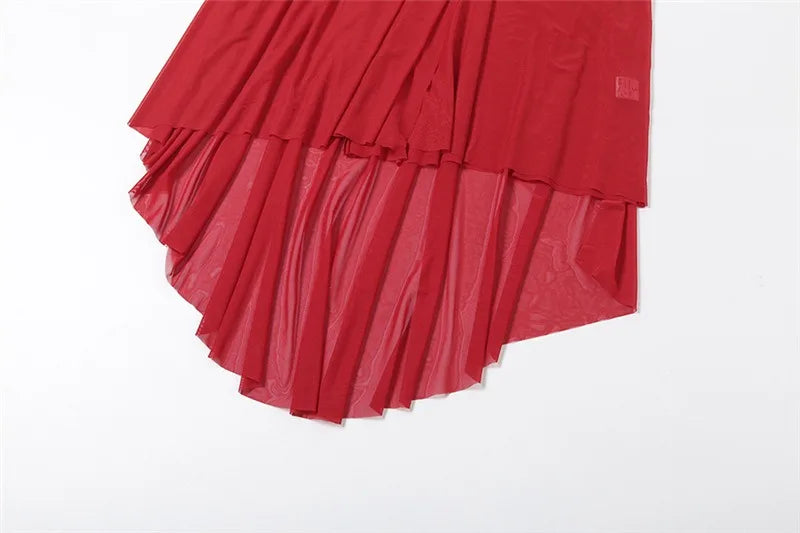 Mesh Sheer Sexy Red Evening Party Dresses Woman Elegant Christmas Asymmetrical Cutout Long Sleeve Maxi Dress