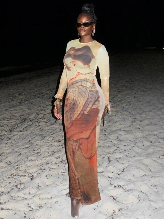 Art Print Maxi Dress Colorful o-Neck Full Sleeve See Through Skinny Sexy Midnight Wild Party Coquett Fashion Vestidos
