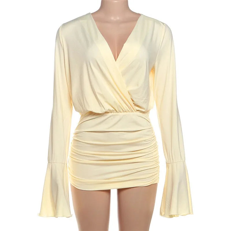 Deep V Neck Flared Long Sleeve Dress Fashion Sexy Yellow Short Dresses 2025 Autumn New Womens Clothing