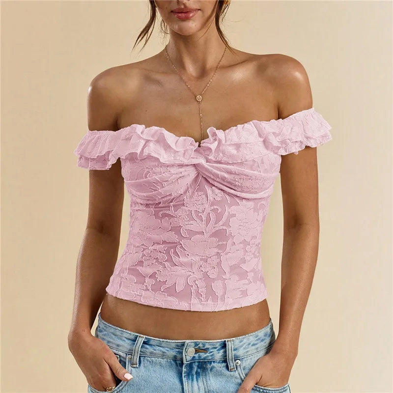 Women Off Shoulder Lace Crop Top Solid Ruffle Trim Floral Embroidery Twist Front Slim Fit Party Clubwear Short Blouse