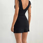 Women V Neck Tie Shoulder Sleeveless Mini Dress Ruched Bodycon Low Back Slim Fit Flared Hem Dress Club Party Dress