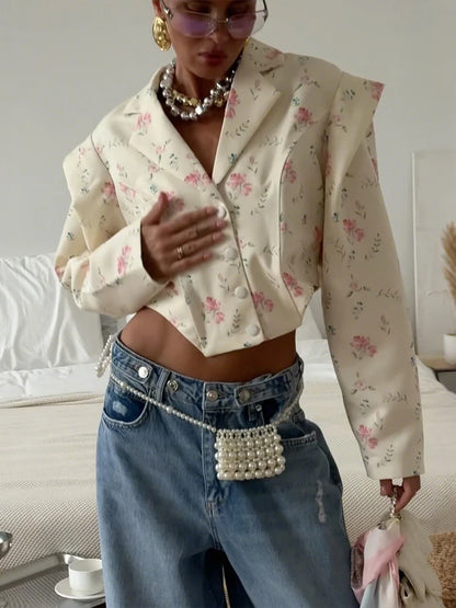 Lapel Crop Shirt Women Autumn Shoulder Padded Single Breasted Simple Wild Sweet Office Streetwear Irregular Jacket