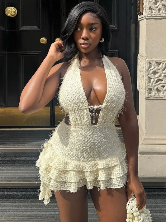 Sexy Backless Mini Dress Women Bandage Halter Low-Neck Sleeveless Puffy Tierred Hem Hottie Street Fashion Outfits