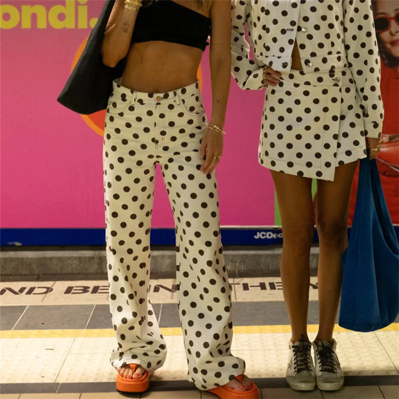 Vintage American Polka Dot High Waisted Wide Leg Jeans for Women Retro Straight Leg Denim Pants Casual Streetwear