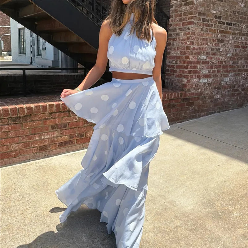 Vintage Polka Dot Halter Back Tie 2 Piece Matching Set Women Sleeveless Crop Top Tiered Layer Ruffle Long Skirt Summer