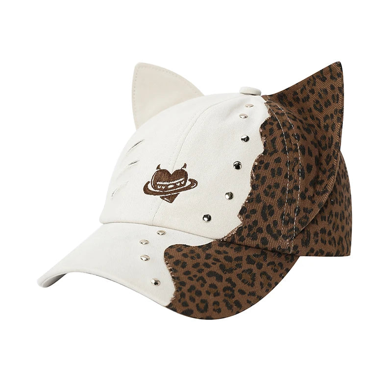 Asymmetrical Cat‑Ear Leopard Studded Baseball Cap with Embroidery Detail, Y2K Stylish Sun Hat for Street