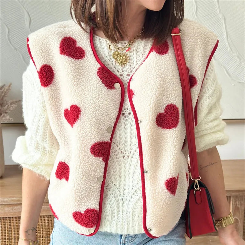 Women Winter Vest Sleeveless Jacket Button Closure Heart Print Warm Furry Vest Outwear for Valentine's Day