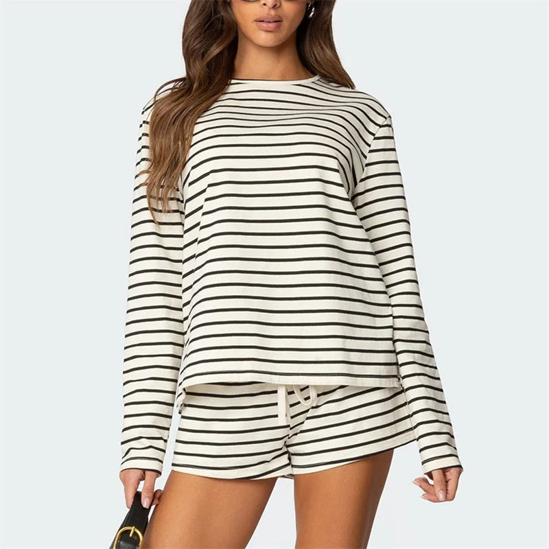 Women Striped Loungewear 2 Piece Casual Sleepwear Set Female Long Sleeve T shirt and Shorts Comfy Casual Homewear