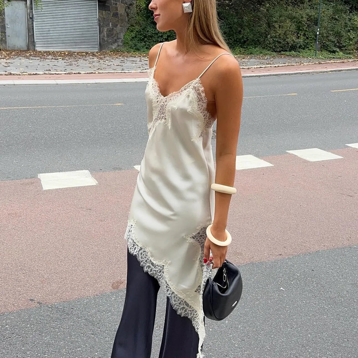 Women Y2K Lace Trim Satin High Low Tops Silk Spaghetti Strap Side Split Asymmetrical Cami Top Flowy Silky Layering Tops