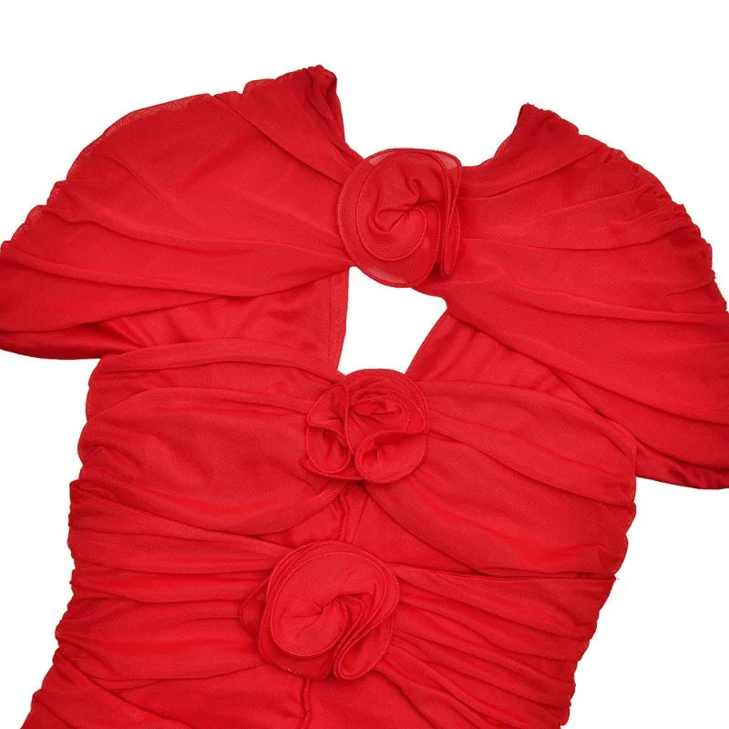 3d Flower-applique Hollow Sheath Dresses Elegance Sexy Sleeveless Backless Short Party Dresses Woman Clothing