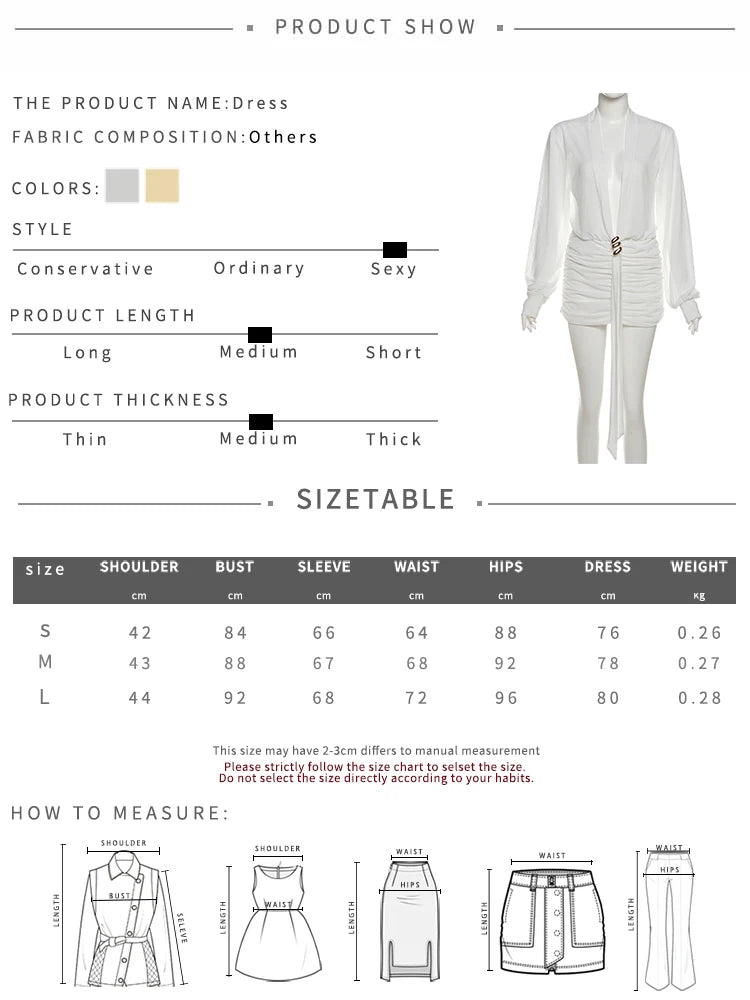 See Through Dress Women Sexy Deep V-Neck Long Sleeve Metal Trim Folds Ribbon Skinny Sexy Street Fall Trend Bodycon