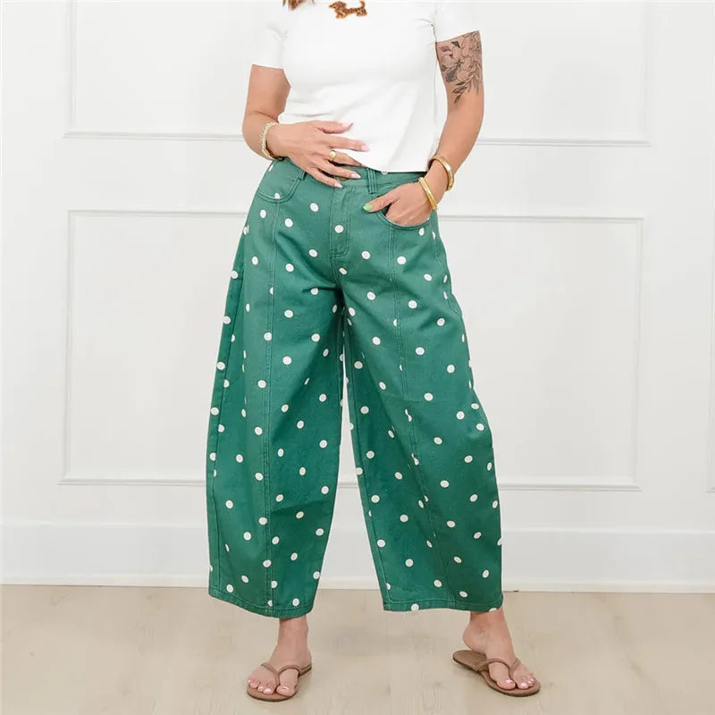 Women High Waist Polka Dot Wide Leg Cropped Pants Seam Detail Loose Straight Leg Ankle Trousers Vintage CasualStreetwear