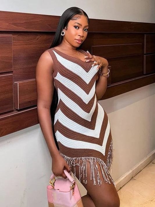 Crochet Stripe Patchwork Dress Women Low-Neck Sleeveless Irregular Tassel Vacation Fashion Beach Party Mini Bodycon